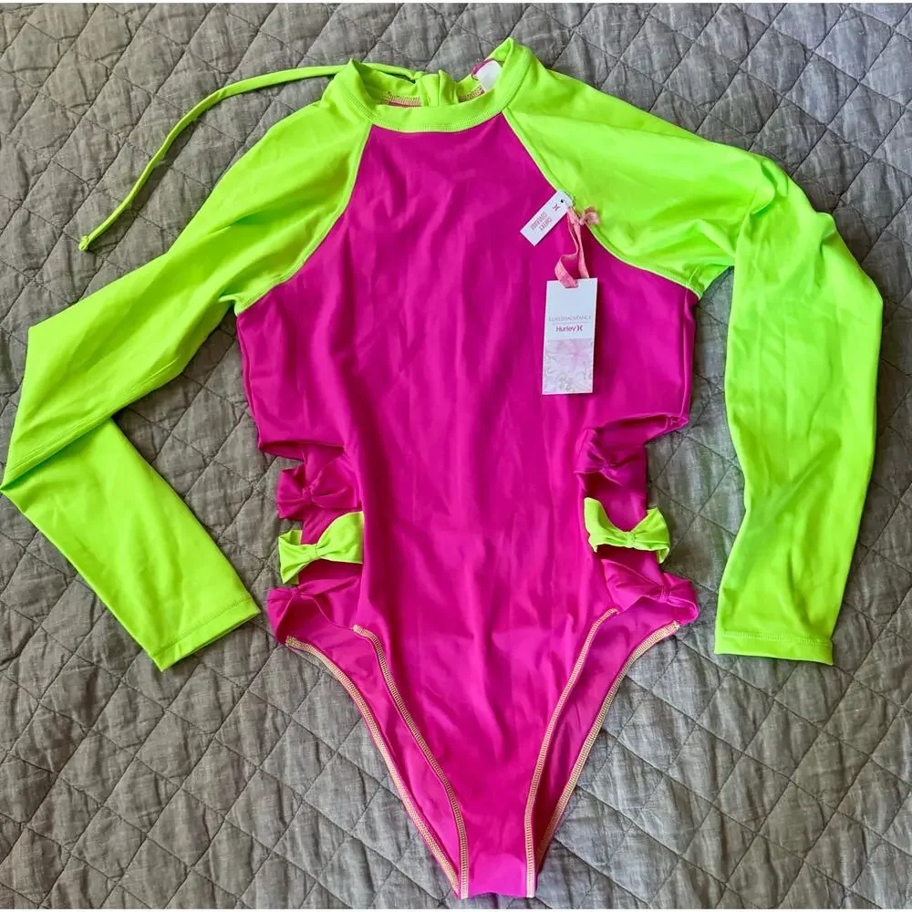 LoveShackFancy x Hurley Pink & Lime Blocked Bow Cheeky Surf Swimsuit XL